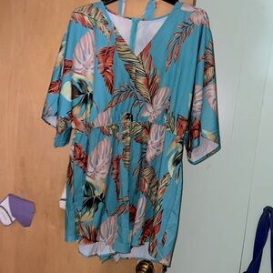 Plus size tropical print belted Romper